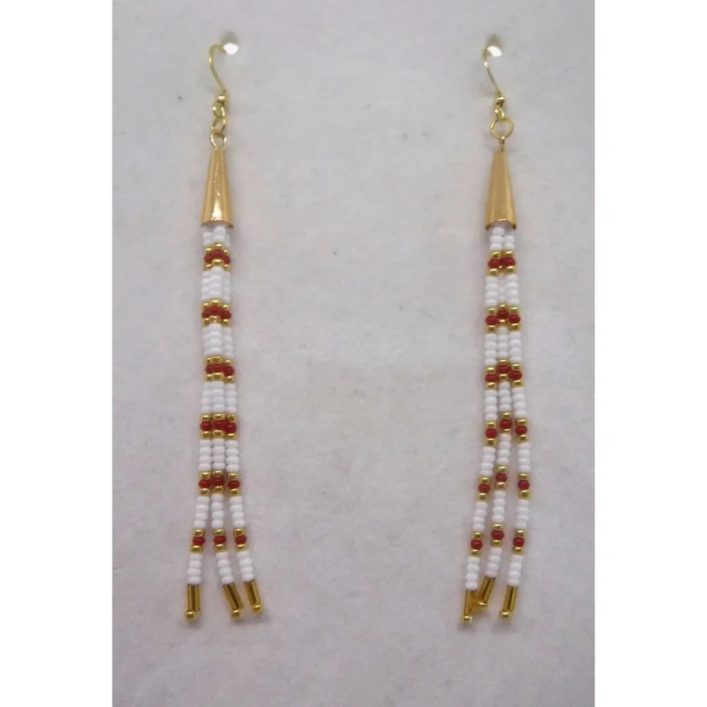 Earrings Beaded White, Red & Gold